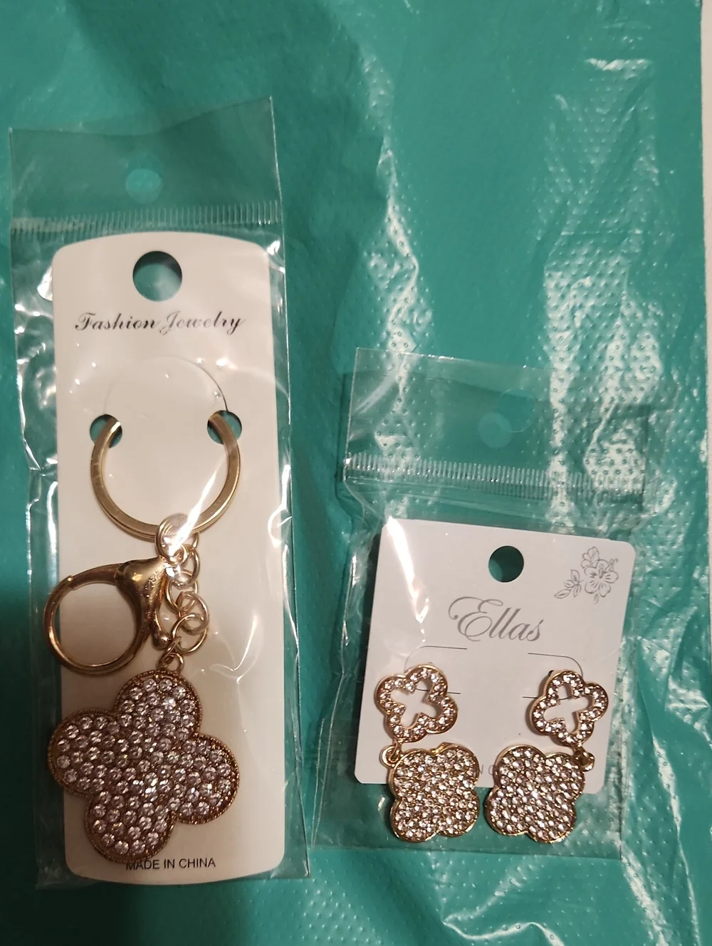 Ella Gold Pave Clover Earrings and Matching Key Holder